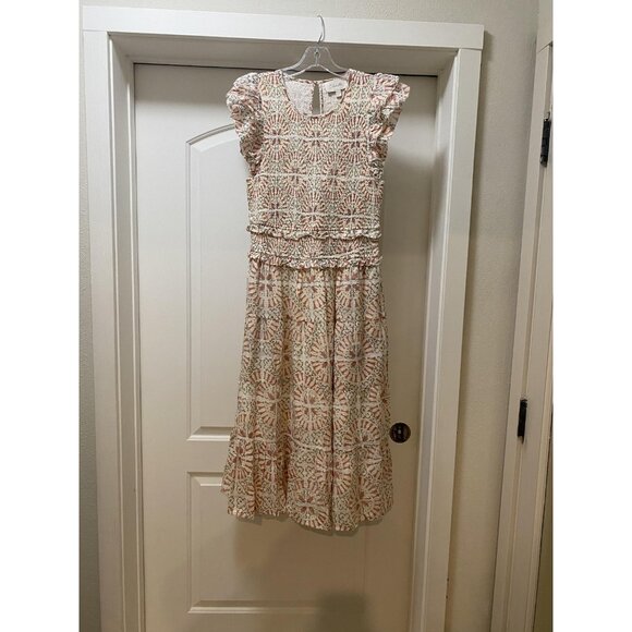 Cleobella Emmy Dress Womens Large Cream Boho Block Print Flutter Sleeve Midi - Picture 2 of 5